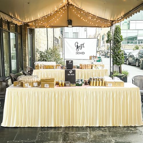 21ft Length Light Champagne Satin Table Skirt Rectangle Tables-Wrinkle Resistant Ruffle Table Skirting Glitter Teacher Desk Cover Skirt for Classroom Dorm Weddings Birthday Party Table Decorations by Partisky