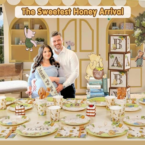 300Pcs Classic Winnie Bear Baby Shower Decorations Plates Set for 50 Guests - Image 4
