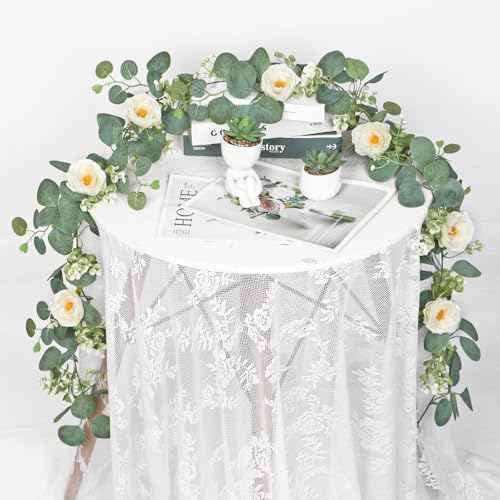 TOCHGREEN 2 Pack 13FT Artificial Eucalyptus Flower Garland with White Roses - Image 3