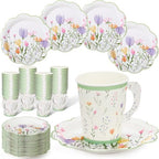 FillTouch 100 Sets Wildflower Floral Paper Tea Cups and Saucers Disposable Paper Tea Party Supplies 9 oz Cups with Handle and Saucer for Birthday Wedding Party Decorations by FillTouch