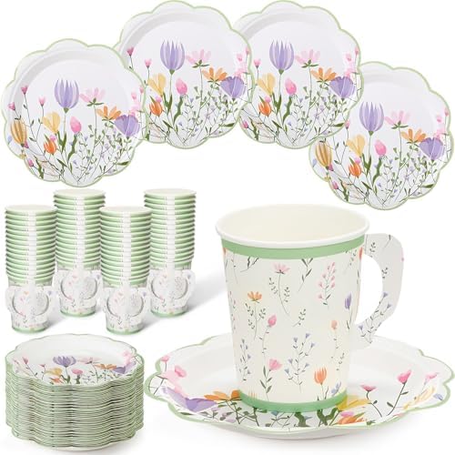 FillTouch 100 Sets Wildflower Floral Paper Tea Cups and Saucers Disposable Paper Tea Party Supplies 9 oz Cups with Handle and Saucer for Birthday Wedding Party Decorations by FillTouch