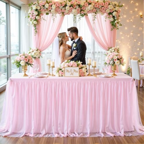 4 Pack Pink Tablecloths for 8 Foot Rectangle Tables Tulle Tablecloth Light Pink Table Cloth Rectangle 8ft Stretch Spandex Table Cover for Baby Shower Girls Birthday Party Banquet Desk Table Skirt - Image 2