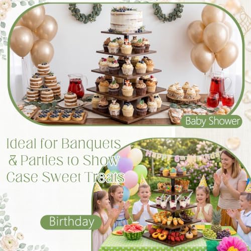 Funnymoom 5 Tier Large Square Cupcake Stand for 100 Cupcake Rustic Cupcakes Tower 360° Rotatable Wooden Cupcakes Holder Table Display Dessert Stand for Bday Graduation Birthday Shower Wedding 15.9'' - Image 6
