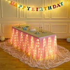 PARTISKY Pink Tulle Tutu Table Skirt for Rectangle Tables or Round Tables,Led Light String Table Cloth for Girls Baby Shower Birthday Party Dessert/Cake Tables by Partisky