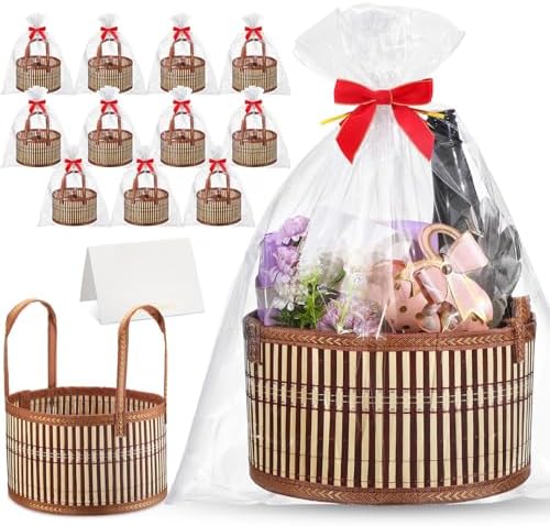 Weysat 12 Set Baskets for Gifts Empty Bulk, Large Woven Bamboo Gift Basket Kit with Handles, Bow, Wrap Bag to Fill for Raffle Thanksgiving Day Wedding Birthdays Party Wrapping (Brown) by Weysat