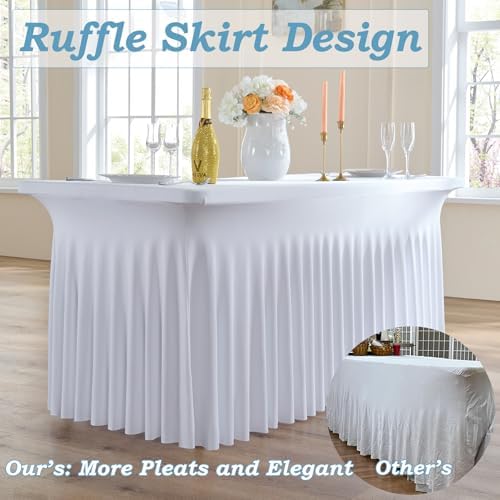 12 pk White Spandex Table Cloth Rectangle 6ft with Ruffle Skirt,Wrinkle Free High-Stretch Fitted Tablecloths for 6 Foot Rectangle Tables,Elastic Spandex Table Covers 6 ft for Parties Weddings Banquet - Image 2