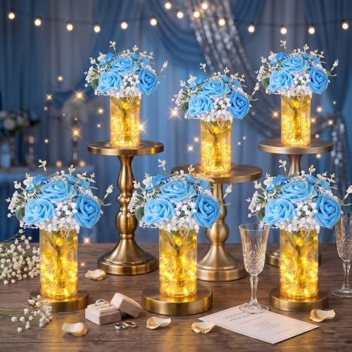 Domensi Set of 6 LED Lighted Floral Table Centerpieces, Faux Roses, Eucalyptus & Baby's Breath in Acrylic Vase, Glowing Rustic Wedding Decor for Bridal Shower, Party & Dining Table(Blue) by Domensi