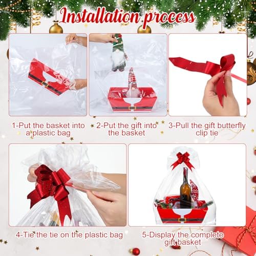 Cholemy 12 Pack 12x10x4 Christmas Gift Baskets Empty Bulk, Includes 12 Santa Cardboard Baskets with Handles, 12 Plastic Bags and 12 Bows, Cardboard Tray Large Gift Baskets Kit for Holiday - Image 4
