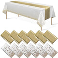 12Pack Disposable Plastic Tablecloths and Satin Table Runner Set White and Gold Dot Tablecloth Gold Satin Table Runner for Wedding Birthday Baby Shower Anniversary Christmas New Year Party Supplies by MASHAN