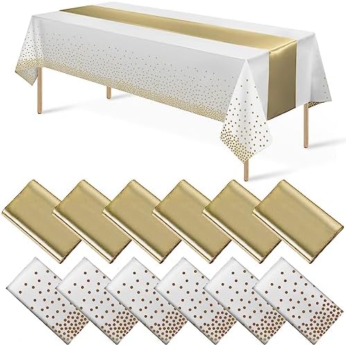 12Pack Disposable Plastic Tablecloths and Satin Table Runner Set White and Gold Dot Tablecloth Gold Satin Table Runner for Wedding Birthday Baby Shower Anniversary Christmas New Year Party Supplies by MASHAN
