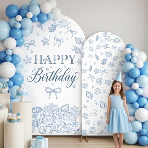 Serencatcher 7.2ft 6ft Blue Bow Seashell Birthday Arch Backdrop Covers 2pcs - Image 5