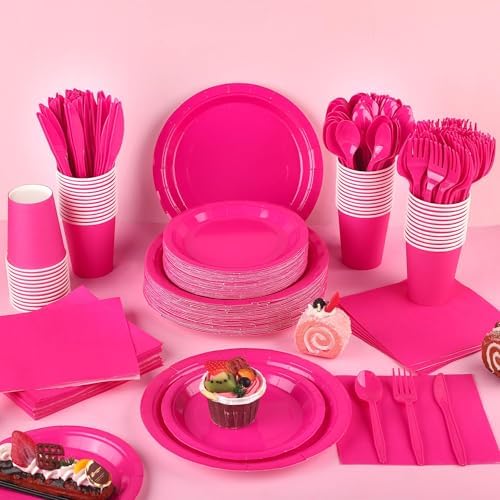 Kochorie 350 Pieces Hot Pink Dinnerware Set, 7 & 9 inch Dessert Paper Plates Cups Napkins Plastic Cutlery Disposable Party Supplies for Birthday Baby Shower Wedding, Serve 50 Guests - Image 5