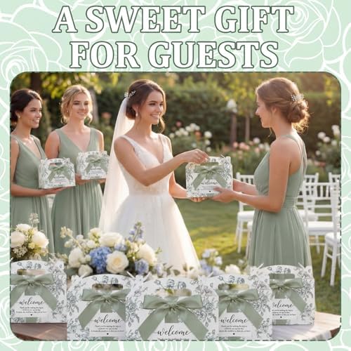 24 Set Green Floral Wedding Welcome Box with Ribbon, Label 9x6x6'' - Image 3