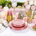 Rubtlamp 700Pcs Pink Gold Plastic Plates, Fancy Hammer Party Plate, Pink Plastic Dinnerware Set Include 100 Dinner Plates,100Salad Plates,100Cups,100Pre Rolled Gold plastic Silverware for Party - Image 3