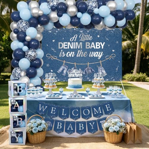 A Little Denim Baby Is On The Way Baby Shower Decorations Kit Includes Backdrop Banner Balloon Boxes Mom To Be Sash Cake Toppers 75 Balloons Denim And Diamond Gender Reveal Decor for Boy - Image 3