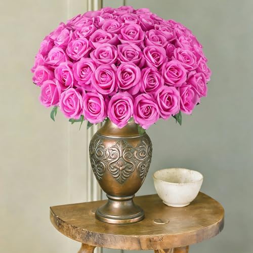 50 PCS Hot Pink Roses Artificial Flowers, Fake Roses with Stem Realistic Silk Rose for DIY Wedding Bouquets Table Centerpieces Arrangements Baby Shower Anniversary Birthday Home Decor Gift for Her - Image 4