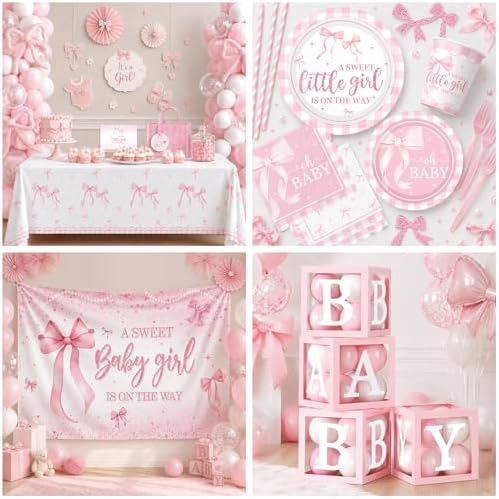 264Pcs Pink Bow Baby Shower Decorations - Pink Bow Birthday Party Supplies Include Plates Napkins Tablecloth Banner Balloons Cake Topper Coquette Baby Shower Decorations for Girls Serves 20 - Image 5