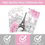 Naozinebi 200pcs Paris Eiffel Tower Plates Napkins Parisian Party Paris European City Tableware Set Landscape Pink Dinnerware Paper Tableware Bundle Baby Shower Decor Supplies Serve 50 - Image 4