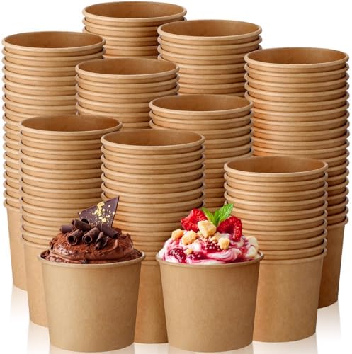 Honeydak 200 Pcs 11 oz Kraft Paper Ice Cream Cups Disposable Dessert Bowls for Hot or Cold Food Brown Paper Snack Containers for Sundae, Frozen Yogurt, Soup Baby Shower Party Supplies by Honeydak