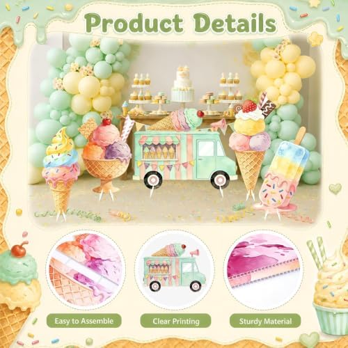 5 PCS 20" Ice Cream Cardboard Cutouts for Birthday Party Decorations, Large Sweet Theme Outdoor Yard Signs, Ice Cream Truck & Cone Standee for Candy Land Party Photo Booth Props Backdrop - Image 6
