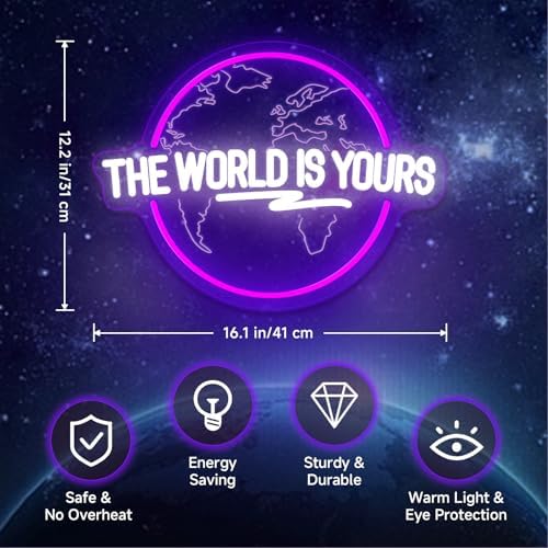The World Is Yours Neon Sign Dimmable Carved Planet The World Is Yours LED Signs Purple Neon Sign for Bedroom Classroom Man Cave Game Room Birthday Christmas Gifts for Kids - Image 2