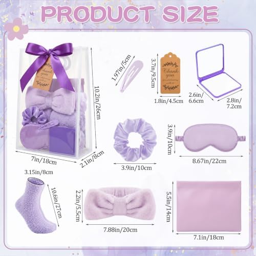 54 Pcs Baby Shower Prizes for Winners Prizes Gifts 6 Sets with Headbands Eye Masks Mirrors Hair Ties Hair Clips Socks Storage Bags Thank Card Gift Bag for Baby Shower Party Wedding (Purple) - Image 2