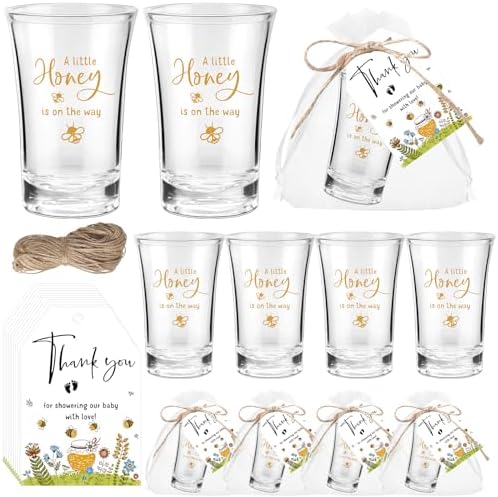 Pickmesh 25 Sets Honey Bee Baby Shower Shot Glasses for Guests Include Little Honey Is on The Way Acrylic Shot Glasses Bee Cards Bags for Gender Reveal Summer Party Favors Supplies by Pickmesh