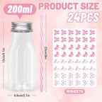 FYSUIMU 24 Pcs Pink Bow Plastic Milk Bottles with Lids Straws and Bowknot Stickers Reusable Drink Containers Beverage Juice Shot Jars for Valentine's Day Birthday Baby Shower Party Favor - Image 2