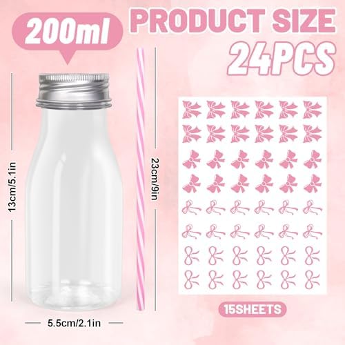 FYSUIMU 24 Pcs Pink Bow Plastic Milk Bottles with Lids Straws and Bowknot Stickers Reusable Drink Containers Beverage Juice Shot Jars for Valentine's Day Birthday Baby Shower Party Favor - Image 2