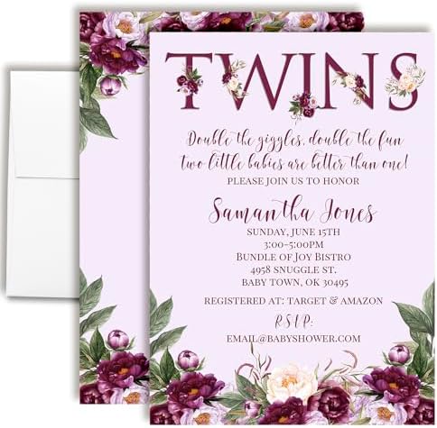 Amanda Creation Custom Baby Shower Invites Watercolor Purple Peony Twins Baby Shower Invitations 20 5x7 Custom Personalized Invites With Envelopes by AmandaCreation