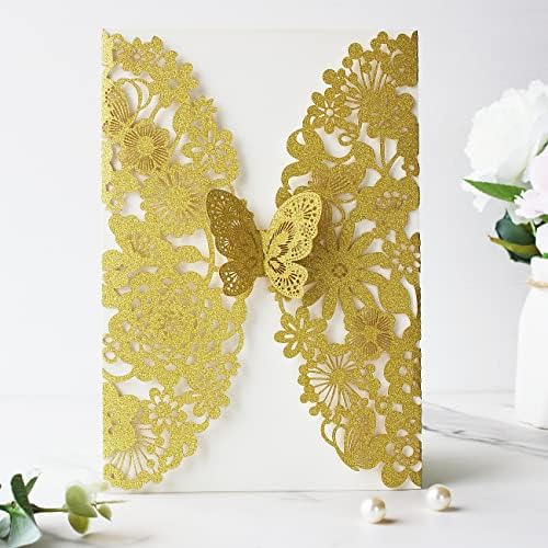 Hosmsua 5.12 x 7.3 Inch 50PCS Gold Laser Cut Lace Flora Butterfly Quinceanera Invitation Cards and Envelopes Customized Printed Invitations for Quinceañera Wedding Invite (Gold Glitter) - Image 3