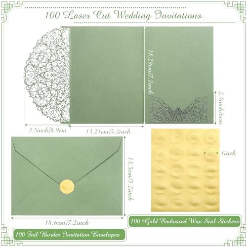 100 Set 5 x 7 Laser Cut Wedding Invitations, Sage Green - Image 2
