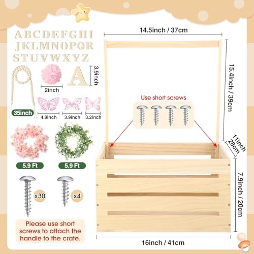 Juexica Wooden Baby Shower Crate Closet Baby Basket with Handle Box with Butterfly Eucalyptus Garland Bead Artificial Flowers Large Letter for Pregnancy New Parent Gift(Wood Color) - Image 2