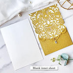 Hosmsua 50PCS Blank Wedding Invitation Cards 5 x 7.3 Inch Gold Laser Cut Hollow Heart Floral Invitation with Rhinestone pockets invitations for Engagement Quinceanera Invite (Gold Glitter) - Image 5