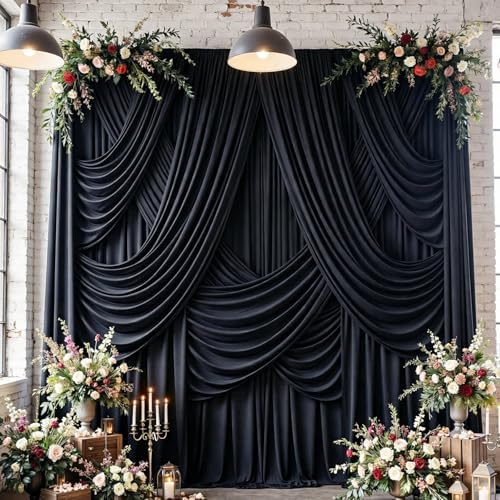 10 Panels 5x12ft Wrinkle Free Black Backdrop Curtains for Parties, Polyester Photo Backdrop Drapes 12 ft Long Back Drop Cloth for Wedding Birthday Photography Background, 50ftx12ft by Htper