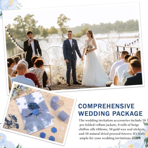 Fullhawl 50 Sets Wedding Invitations Wraps Set Pre Folded Vellum Jackets for 5 x 7 Invitations Dried Flowers Wax Seal Stickers Chiffon Silk Ribbon for Wedding Birthday Bridal Shower (Light Blue) - Image 5