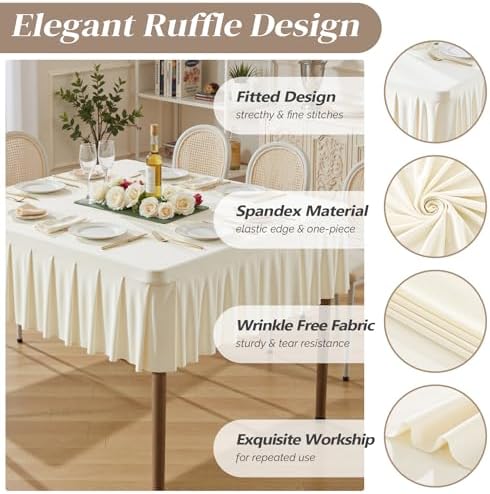 Wish Care 4 Pack Ivory Spandex Tablecloths for 34x34 Inch Square Tables, Stretch Fitted Table Clothes with Pleated Ruffle Skirt for 34” Table, Wrinkle Free and Elastic, for Party Kitchen Home Dining - Image 4