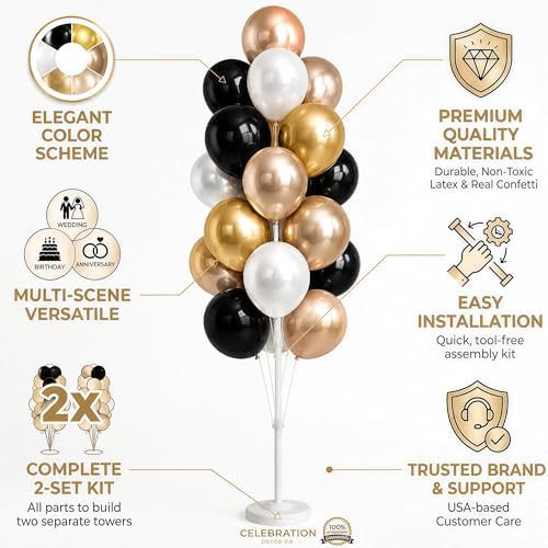Black Gold Balloon Tower Kit Set of 2 With Base,Pole for Party Decor - Image 3