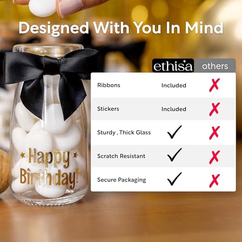 Ethisa Vintage 24 Pack Adult Birthday Party Favors Glass Bottles with Ribbons and Stickers - Classy Happy Birthday Favors and Table Centerpieces Decorations - Sturdy Candy Jar for Guests - Image 5