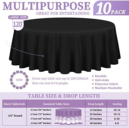 Showgeous 120 Inch Black Round Tablecloths, Polyester Table Covers - Image 2