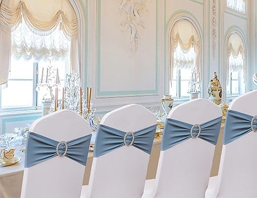 50 Pack Dusty Blue Chair Sashes, Spandex Dusty Blue Chair Bands Bows for Wedding Reception Events Decorations, Dark Blue Chair Ties for Covers - Image 3