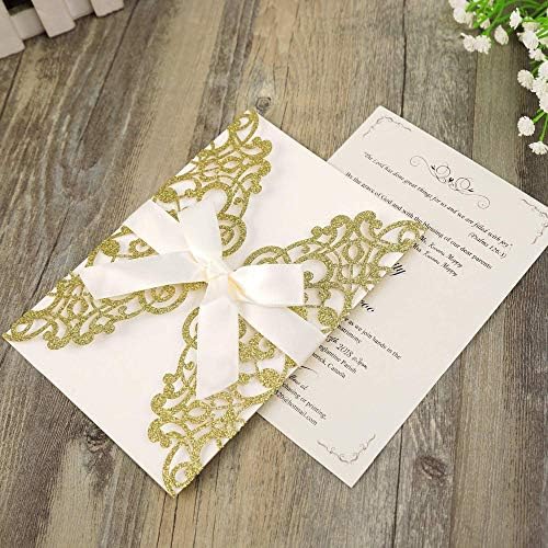 Hosmsua 50PCS Personalized Gold Glitter Laser Cut Flora Lace Wedding Invitations with Bowknot & Envelopes 5.12 x 7.3'' Bridal Shower Engagement Birthday Quincenera Invitation (Gold Glitter) - Image 2