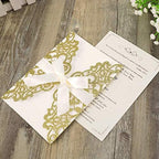 Hosmsua 50PCS Gold Glitter Laser Cut Lace Wedding Invitations Cards with bowknot 5.12 x 7.3''Invitation Pockets for Wedding Bridal Shower Engagement Birthday Graduation Invite (Gold Glitter) - Image 2