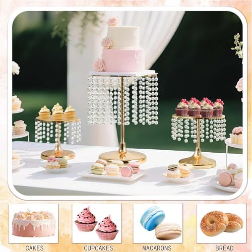 Metal Mirror Cake Stand Set with Crystal Pendants - Elegant Dessert Table Display for Weddings, Birthday Parties, Baby Showers, Events - Sturdy Crystal Bling Cupcake Stands for Pastries, Sweets, Decorations (Gold, Set of 3) - Image 6