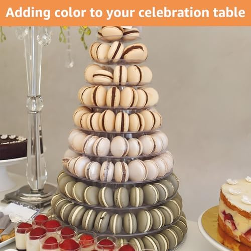 YAYODS 10 Tiers Macaron Tower Stand, Clear Round Macaron Display Tower Stand, Plastic Macaron Display Holder Cake Dessert Serving Tower Tray for Wedding Birthday Baby Shower Party Decor - Image 5