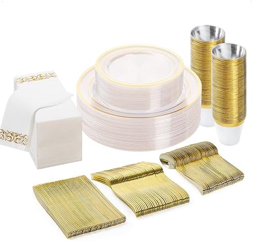 BESTVIP 175 PCS Clear Gold Plastic Plates and Silverware Set Disposable by Bestvip
