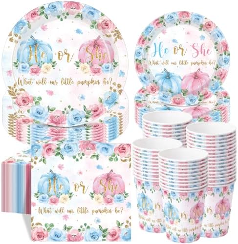 Funnymoom 250 Pcs Little Pumpkin Gender Reveal Paper Plates Napkins Cups by Funnymoom