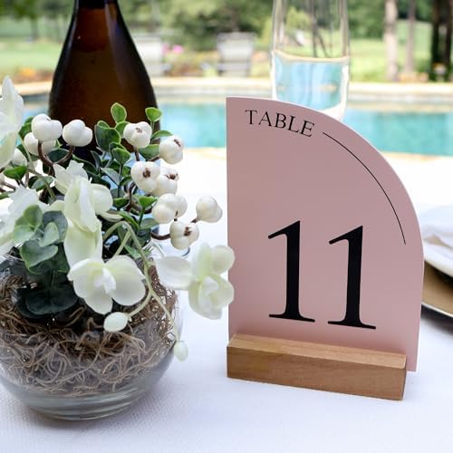 Hanna Roberts Minimal Curved Wooden Table Number Sign with Wooden Base | For Wedding Reception, Restaurants, Rehearsal Dinner, Events and Party (Set of 10, 1-10) (Set of 10, 11-20, Pink) - Image 7