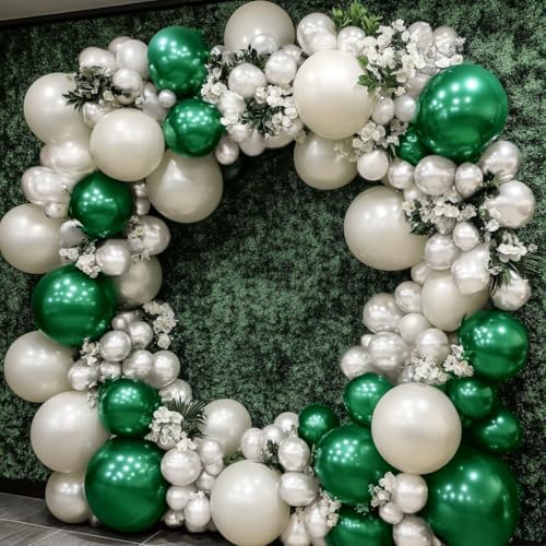 Green White Balloon Garland Double Stuffed Different Sizes 18/12/5in Pearl White Balloon Arch Kit For Wedding Birthday Chritmas Baby Shower Party Decorations by HIBAO