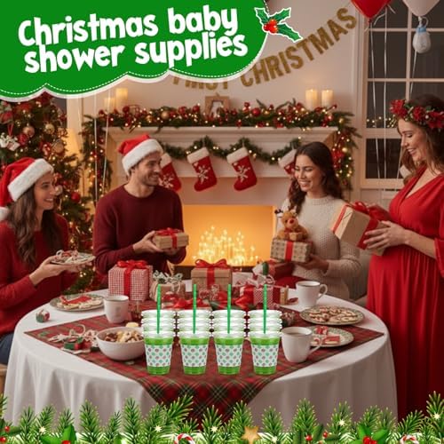 50 Pack Christmas Plastic Cups with Lids and Straws 12oz Lime Green and Red - Image 4